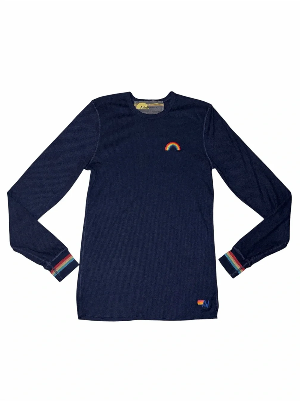 EUC Aviator Nation Embroidered Navy Thermal Tee Rainbow Cuffs Large Athleisure